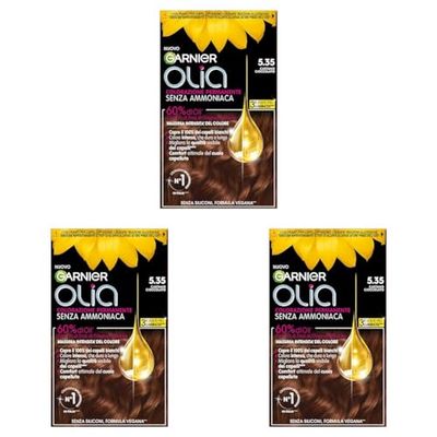 Garnier Olia Tinta Capelli, Colorazione Permanente Senza Ammoniaca, Copre il 100% dei Capelli Bianchi, Con Oli di Fiore di Origine Naturale, Formula Vegana, Castano Cioccolato (Confezione da 3)