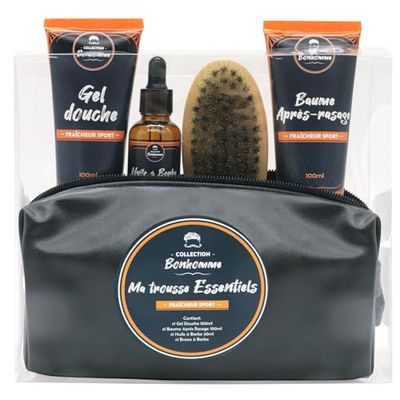 Trousse Barbe Homme Essentielle - Kit Complet Gel Douche, Huile pour Barbe, Brosse à Barbe, Baume Après-Rasage - Soin Visage Homme - Senteur Fraicheur Sport - Entretien Barbe, French Tendance