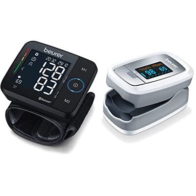 Tensiomètre au poignet Beurer BC 54 connecté Bluetooth, technologie par inflation & PO 30 - Oxymètre de pouls digital pour la mesure de la saturation en oxygène dans le sang, 61 x 36 x 32 mm, 57 gr