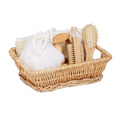Relaxdays 10027495 Set Bellezza, 6 Pz, Regalo,Spazzola Massaggiatrice & per Schiena,Spugna,Massaggiatore,Spazzolino Unghie, Legno, Naturale, 8 x 26 x 17,5 cm