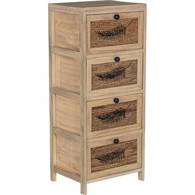 DRW Cassettiera in Legno con 4 cassetti in Vimini con Foglia in Naturale e Nero 40x30x94 cm, Trasparente e Arancione, Medidas: 10x10x9 cm