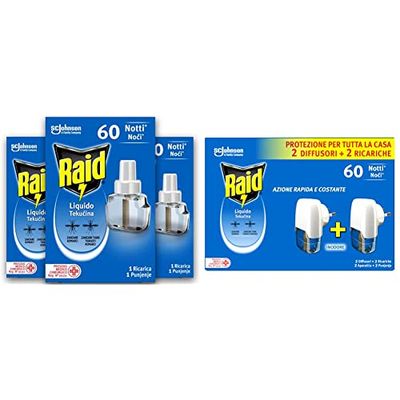 Raid Liquido Elettrico tripla ricarica, 60 Notti, 3 Confezioni da 36 ml + Antizanzare Comuni e Tigre, Inodore, Confezione da 2 Diffusori e 2 Ricariche, 60 Notti