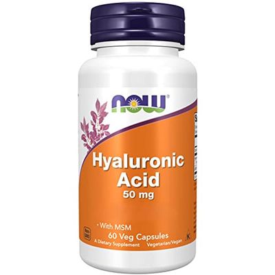 Now Foods, Hyaluronic Acid + MSM, 50mg, 60 Cápsulas vegetales, Testado en Laboratorio, Sin Soja, Sin Gluten, Sin OGM, Vegetariano