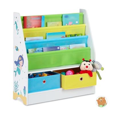 relaxdays Etagère Enfants, Motif mer, 2 boîtes, 2 Compartiments, Rangement Jouets, bibliothèque 74x71x23, coloré