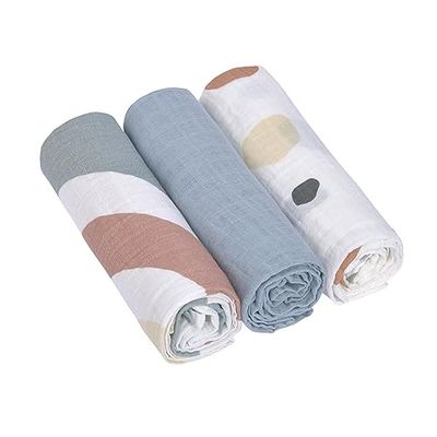 LÄSSIG Baby Puckdeken, spuugdeken, inbakerdoek, gaasdoek, set van 3, katoen, 85 x 85 cm, swaddle & burp deken, L, regenboogpoeder, blauw