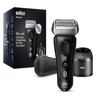 Braun Series 8 Rasoir Électrique Homme Barbe Noir, Tête 3+1 avec tondeuse de précision, rasoir et tête flexible à 40°, SmartCare 4-en-1, Wet & Dry, autonomie de 60 min, 8450cc