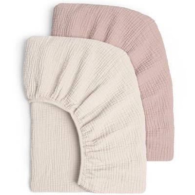 lulumoon Set med 2 barndra-på-lakan, muslin-bomull dra-på-lakan för barnsäng och barnsäng 60 x 120 cm/70 x 140 cm resesäng, dra-på-lakan sidosäng, linne (grädde sand)