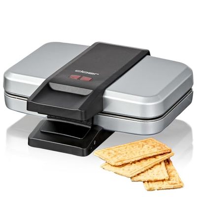 Cloer 6119 Spekulatius - Ferro da waffle per 4 biscotti, speculatius 6 x 11 cm, biscotti per Natale, 600 W, spia di controllo, salvaspazio, chiusura a 3 livelli, colore: argento, plastica