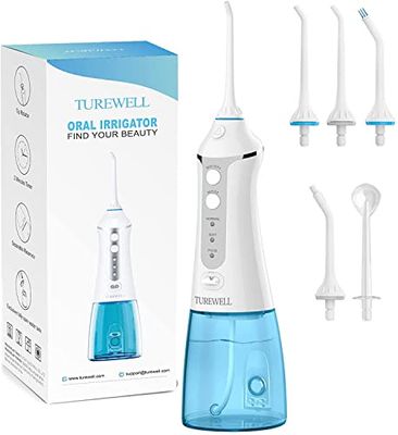 TUREWELL FC1591 Idropulsore Dentale, 300ml Irrigatore Orale Portatile con 3 Modalità IPX7 5 Ugelli di Ricambio, USB ricaricabile per viaggi e uso domestico