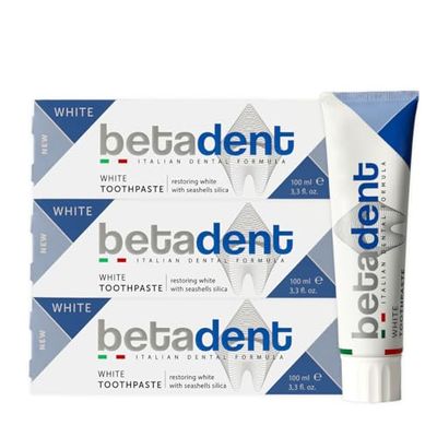 Betadent ZESTAW 3 BIAŁY BIAŁY DENTYFRIC. Delikatny i nieścierny, przywraca naturalną biel zębów. Świeży oddech, działanie przeciwpłytkowe, przeciwkamień nazębny - 3x100ml