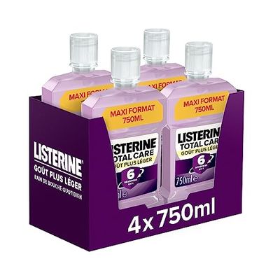 Listerine | Bain de Bouche Quotidien Total Care Goût Plus Léger (lot de 4 bouteilles de 750 ml) – 6 bénéfices en 1 pour une hygiène bucco-dentaire totale – Goût menthe douce pour une haleine fraîche