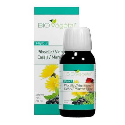 Phyto Sud Phyto 3 Bio - Piloselle/Cassis/Vigne Rouge/Marron d'Inde - Complexe Extraits Fluides Concentrés - Complément Alimentaire Drainant pour Retention d'Eau - Certifié Bio - Cure de 20 Jours