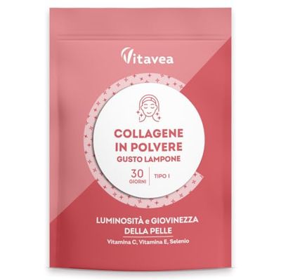 Collagene Lampone Doypack - 3400 mg di Collagene Idrolizzato Tipo 1 - Con Vitamina C, E, Selenio - Azione Antirughe - Pelle Luminosa e Tonica - Gusto Lampone -150 g - Vitavea