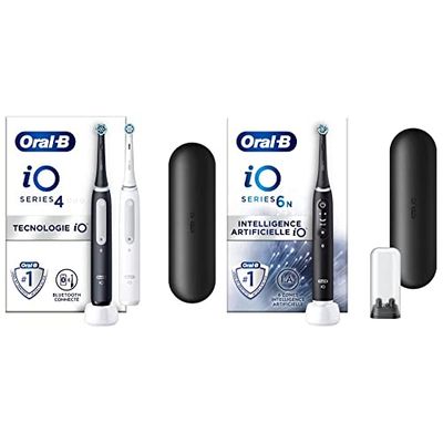 Oral-B iO 4 Lot De 2, Brosses À Dents Électriques Noire et Blanche connectées Bluetooth, 2 Brossettes, 1 Étui De Voyage & iO 6N Brosse À Dents Électrique Noire Connectée Bluetooth, 2 Brossettes