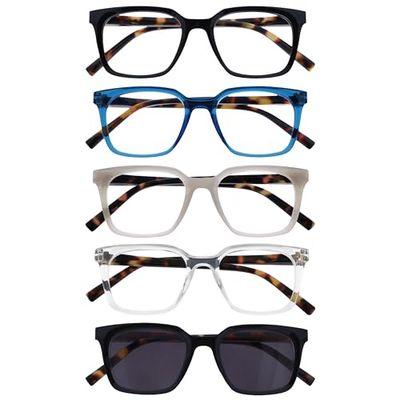 OPULIZE KOI Reading Glasses With Reading Sunglasses 5 Pack - Rectangular Frame - Black-Blue-Grey-Clear-Black - Mens Womens - Spring Hinges - RRRR50-57CQ - +2.00