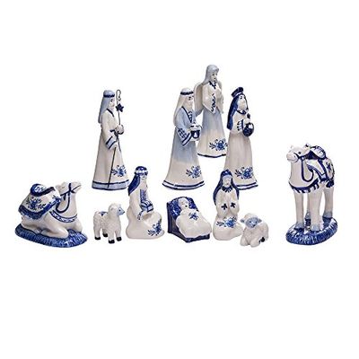 Kurt Adler Santons de Noël en Porcelaine Bleue de Delft (de 5 à 17 cm). Set de 11 pièces