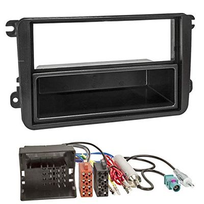 Sound-way Kit Montage Autoradio, Cadre Façade 1 DIN, Adaptateur Antenne Fakra, Cable Adaptateur Connecteur ISO, Compatible avec Volkswagen, Skoda, Seat