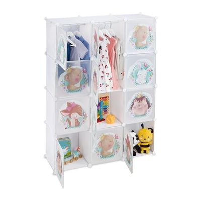 Relaxdays kinderkast, 2 kledingroedes, deuren met babydieren, HxBxD: 145x110x37 cm, modulaire kledingkast, wit