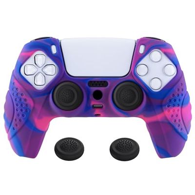eXtremeRate PlayVital Guardian Edition Ergonomic Soft Anti-Slip Controller Silicone Case Cover for ps5, Rubber Protector Skins with Black Joystick Caps for ps5 Controller - Pink & Purple & Blue
