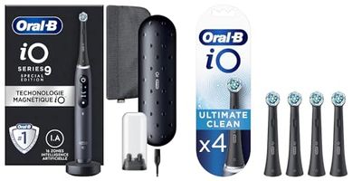 Oral-B iO 9 Brosse À Dents Électrique Édition Spéciale Noire connectée Bluetooth, 1 Pochette Magnétique + Pack de 4 Brossettes de Rechange, iO Ultimate Clean, Noir, Format Spécial Boîte Aux Lettres