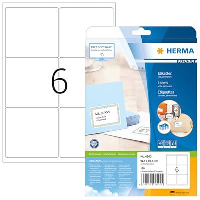 HERMA Self-Adhesive Parcel Labels - 6 Per A4 Sheet, 150 Labels for Laser and Inkjet Printers, 99.1 x 93.1 mm (4502)
