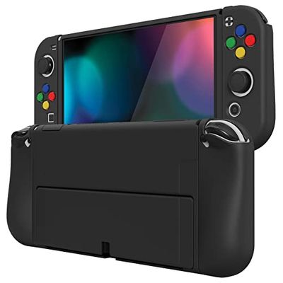 PlayVital ZealProtect Protectora Suave para Nintendo Switch OLED Accesorios Funda Carcasa Joycon Ergonómico Grip para Switch OLED con Tapas de Joysticks & Botones Caps de ABXY Dirección(Negro)