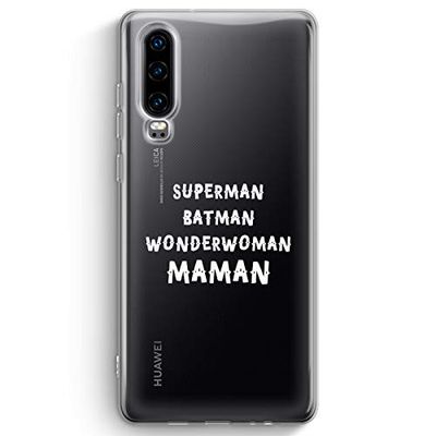 Zokko fodral Huawei P30 Superman Batman Wonderwoman Mom - mjukt genomskinligt bläck vitt