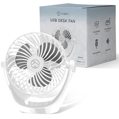 CUQOO Puissant ventilateur de bureau USB – Mini ventilateur rotatif à 360° avec 3 réglages de vitesse, puissant, silencieux, léger et compact pour bureau, maison, bureau et voyage, blanc