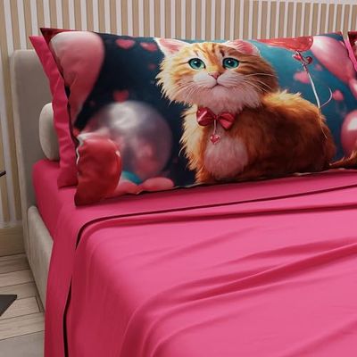 PETTI Artigiani Italiani - Sábanas de Animales con Gatos de algodón con Fundas de Almohada de impresión Digital, sábanas para Cama Individual, Juego de Cama Individual Fucsia, 100% Made in Italy