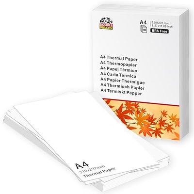 Double Dragon Papier Thermique A4 | 100 Feuilles | 210x297mm (8.27" x 11.69") | Compatible avec Phomemo M08F, M832, M834, Q302, Brother, Munbyn et autres imprimantes thermiques A4 (100 feuilles)