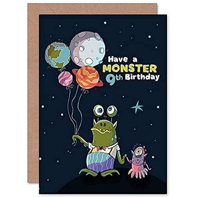 Wee Blue Coo Space Balloon Monster Birthday 9th Greetings Card
