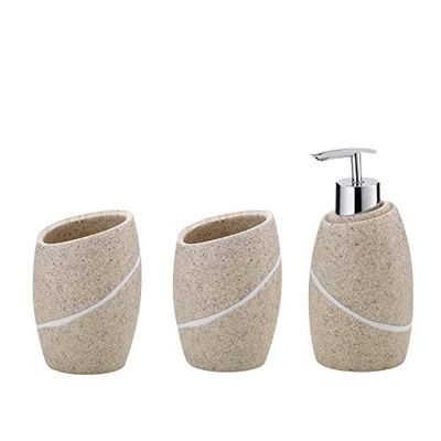 kela Juego de baño Talus, 3 Piezas, poliresina, Beige, 2 Vasos, 1 dispensador de jabón de 300 ml, 390230