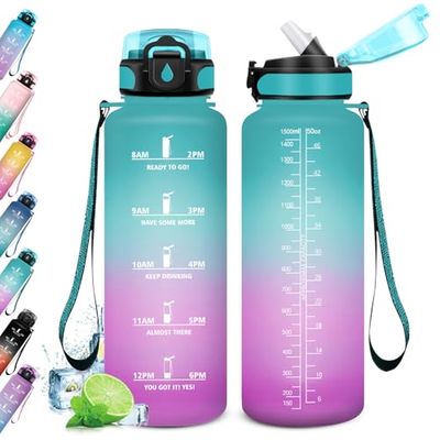 Botella Agua Deportiva 1.5L, Botella Agua con Pajita, Motivacional Botella con Tapa, Botella Reutilizable con Marcador de Tiempo, Cantimplora para Adulto, Gimnasio, Cámping, Gym, Bicicleta, Sport