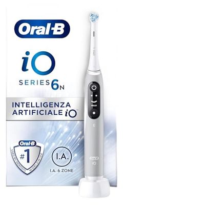 Oral-B Spazzolino Elettrico Ricaricabile iO 6N, Sensore di Pressione, Display Interattivo, Intelligenza Artificiale, 2 Testine, 1 Spazzolino, 1 Custodia da Viaggio, Grigio, Idea Regalo