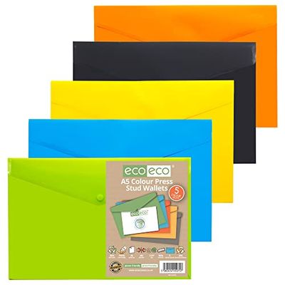 eco-eco A5 50% Riciclata Colorei Assortiti Bottone a Pressione Portafogli (Confezione di 5)