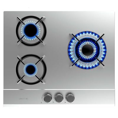 Cecotec Placa de Gas Butano y Natural 3 Fuegos Bolero Squad G 3200S Inox. 6250W, Acero Inox, Parrillas Individuales Hierro Fundido, Quemador WOK Triple Corona, Encendido Eléctrico, Sistema Seguridad