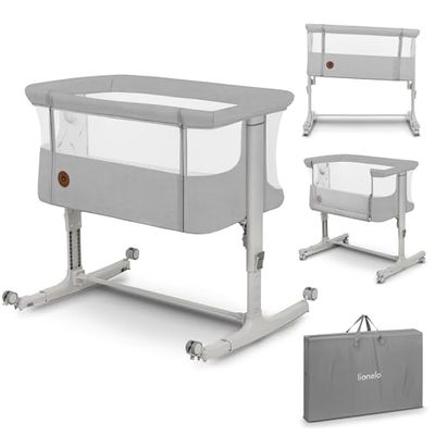 lionelo Aurora 3 en 1 Lit bébé jusqu'à 9 kg Cododo, Berceau Réglage de la Hauteur et de l’Inclinaison du Matelas 4 roulettes avec Freins Matelas Ergonomique Sac (Gris Clair)