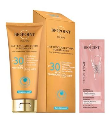 Biopoint Solaire - Latte Solare Corpo Sublimante, con Acceleratore di Abbronzatura, Dona una Pelle Dorata e Luminosa, 200 ml con Campioncino Shampoo Extreme Repair 10 ml
