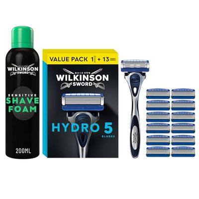 Bundle of Wilkinson Sword Hydro 5 Razor, Carbon Coated 5 Blades, Hydrating Gel, Flip Trimmer, 1 Handle + 13 Refills, + Wilkinson Sword Sensitive Shave Foam for Men, Sensitive Skin, 200ml
