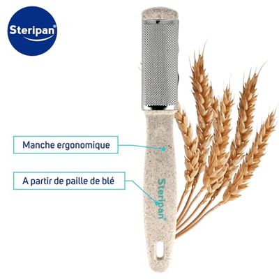 Steripan - Grattugia in metallo double face - Elimina i calli - Acciaio inossidabile - Igienico e durevole - Manico ergonomico da paglia di grano