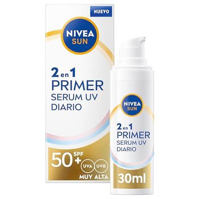 Nivea Sun Primer Sérum UV Diario 2en1, sérum facial con protección solar SPF 50+, protector solar facial que protege y suaviza la piel, con Ácido Hialurónico y Licocalcón A, 1 x 30 ml
