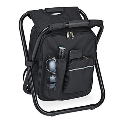 Relaxdays campingstoel met tas, inklapbaar, draagbaar, licht, stabiel, HBD 42x35x29 cm, rugzakkruk, polyester, zwart