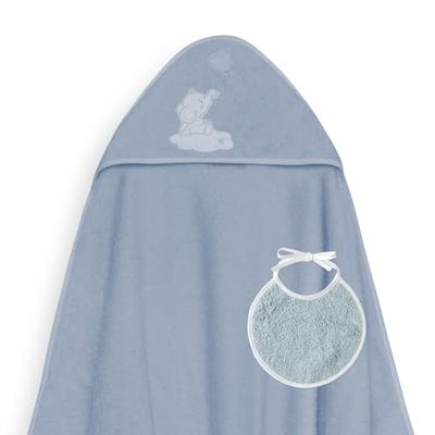 Interbaby - Capa de Baño Bebe Petroleo + Babero | Toalla Bebe con Capucha 100% Algodón, 100x100cm, Unisex | Suave, Cómoda, Ideal Recién Nacidos, Bebes y Niños Pequeños | Diseño Globo Corazón