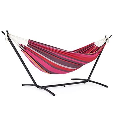 Mondeer Hangmat met standaard, dubbele stof campinghangmat met metalen frame, draagtas tot 200 kg, voor kamperen, reizen, terras, buitentuin, rood