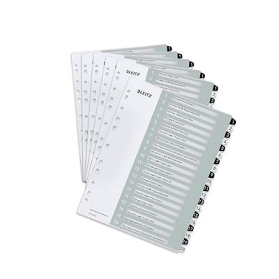 Leitz Index for A4, Pack of 6, PC-Writable Cover Sheet and 20 Dividers, Tabs with Number Print 1-20, Extra Width, White/Black, Polypropylene, Wow, 12170000