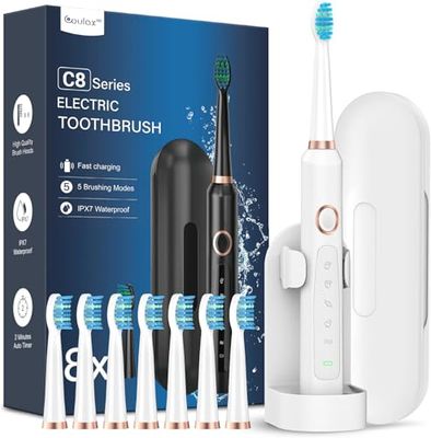 Brosses à Dents Électriques Soniques Adultes avec 8 Têtes - Brosse à Dents Électrique avec Étui de Voyage, 5 Modes et IPX7, Brosses à Dents Électriques à Ultrasons pour Femmes Hommes, Blanc Brillant