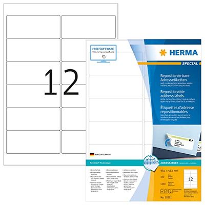 HERMA 10311 adreslabels A4 afneembaar (99,1 x 42,3 mm, 100 velles, papier, mat) zelfklevend, bedrukbaar, verwijderbaar en opnieuw klevende etiketten, 1.200 etiketten voor printer, wit