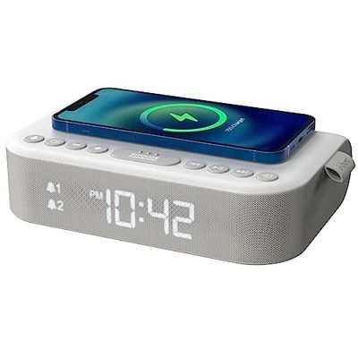 i-box Réveil avec Chargement sans Fil, Radio de Chevet, Haut-Parleur Bluetooth stéréo, Chargement Qi sans Fil avec Port de Charge USB, Double Alarme, Radio FM