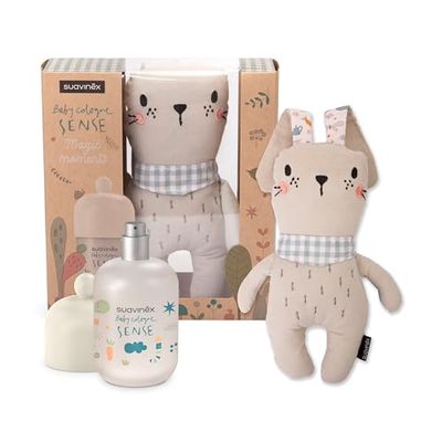 Suavinex, Cadeau Bébé Cologne Sense + Peluche Bébé, Eau de Cologne Sans Alcool pour Bébés, Eau Parfumée, Testé Dermatologiquement, Convient Peaux Sensibles, 94% Ingrédients Origine Naturelle, 100 ml