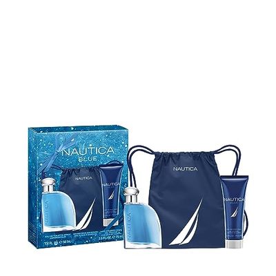 Nautica Blue by Nautica for Men - 3 Pc Gift Set 1.6oz EDT Spray, 2.5oz Hair and Body Wash, Drawstring Backpack